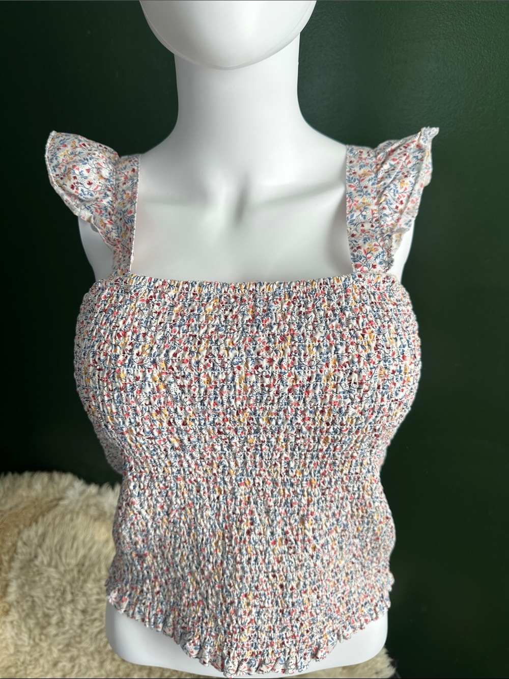 Old Navy White Multicolor Smocked Ruffle-Strap Tank